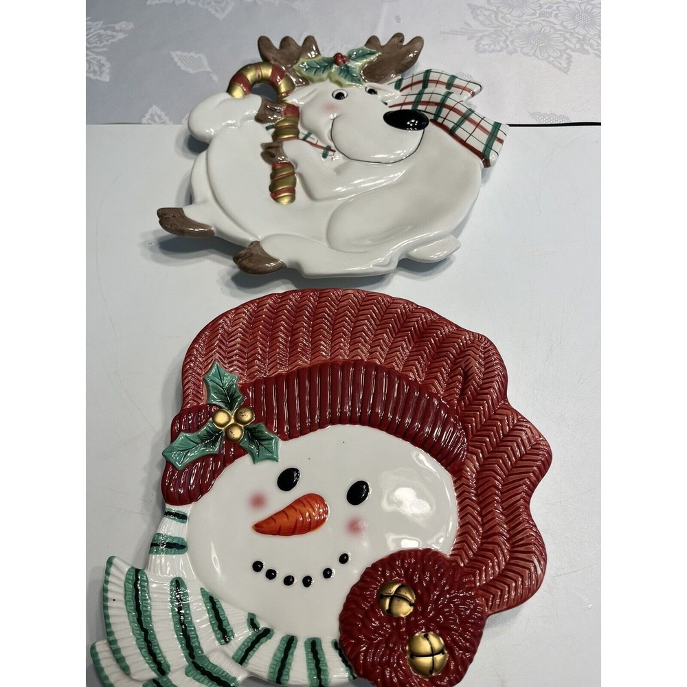 Pair of Fitz & Floyd Snowman Reindeer Canapé Snack Plates Wall Hanging Christmas